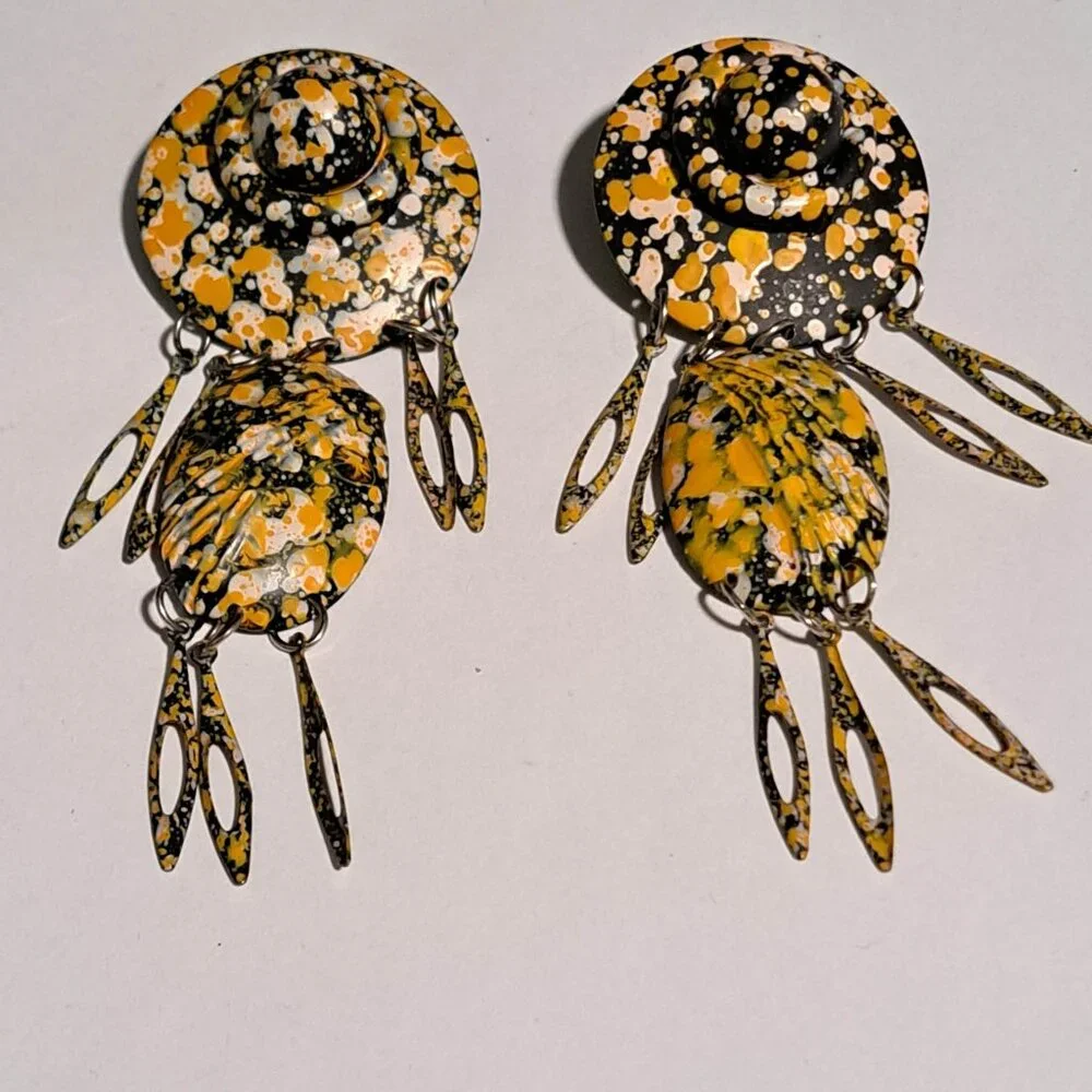 Large yellow white and black earrings - Picture 1 of 7